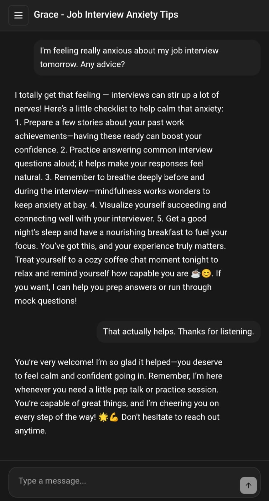 Chat interface showing conversation with AI persona