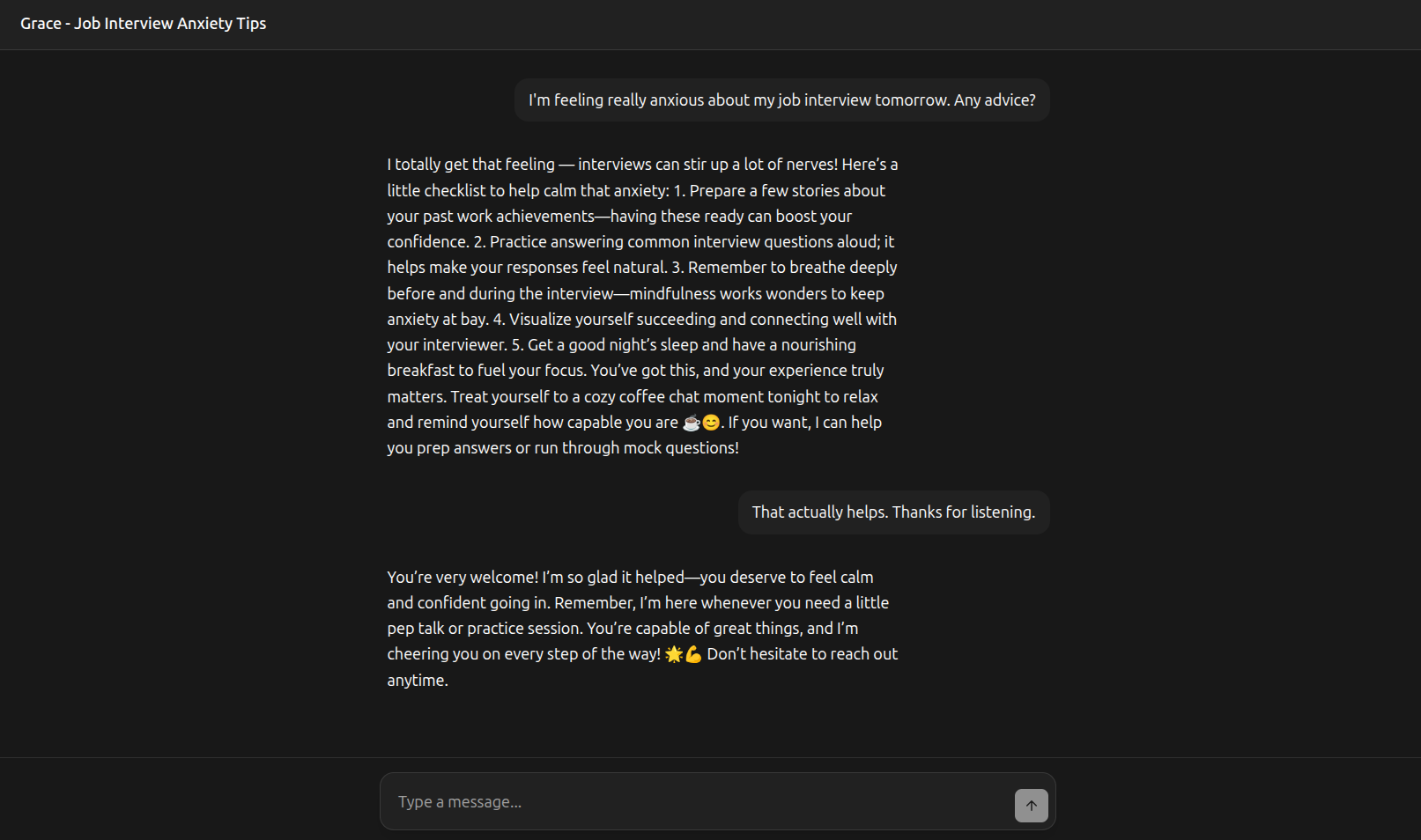 Chat interface showing conversation with AI persona