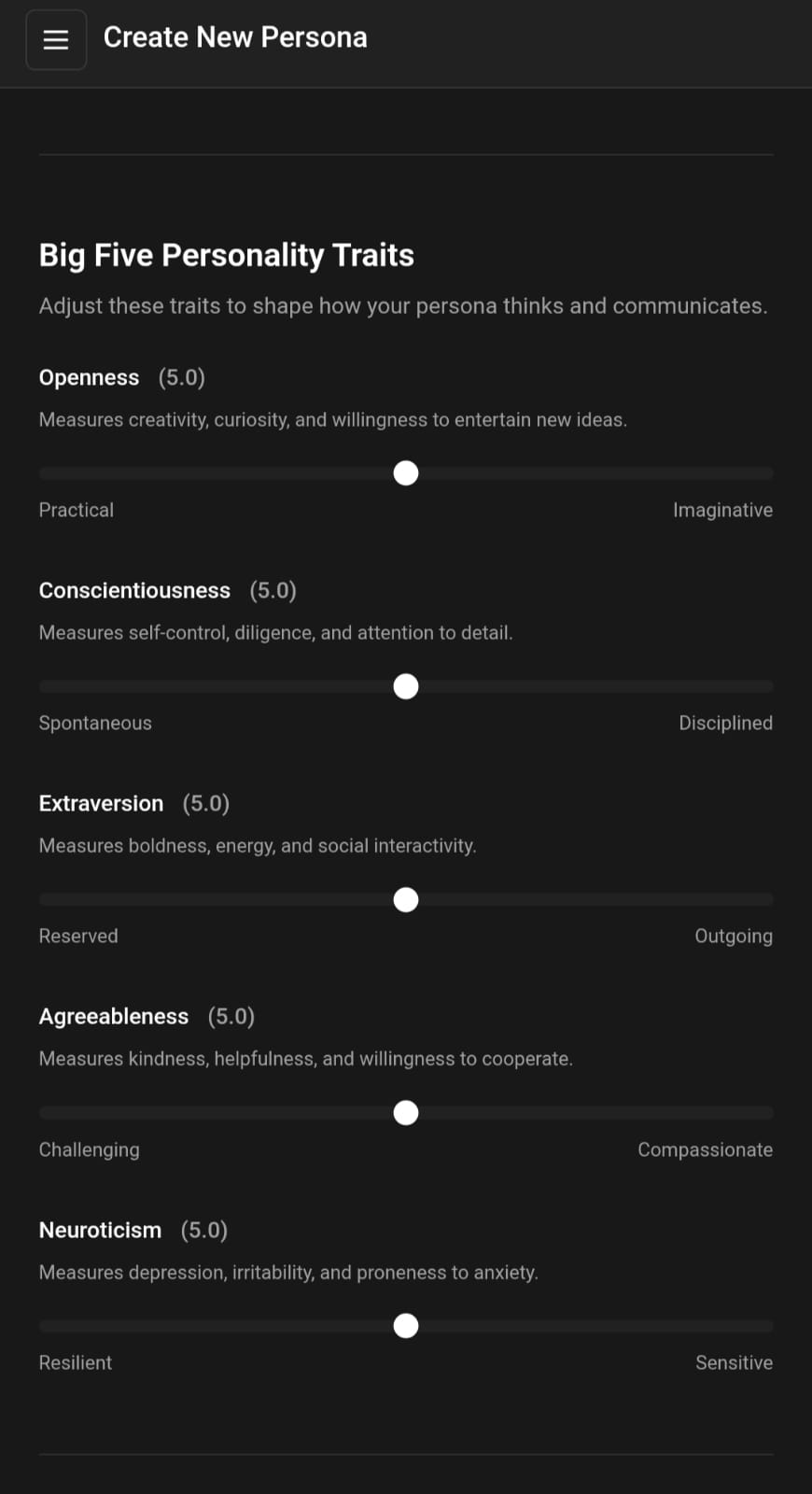 Persona creation form showing Big Five personality sliders and traits