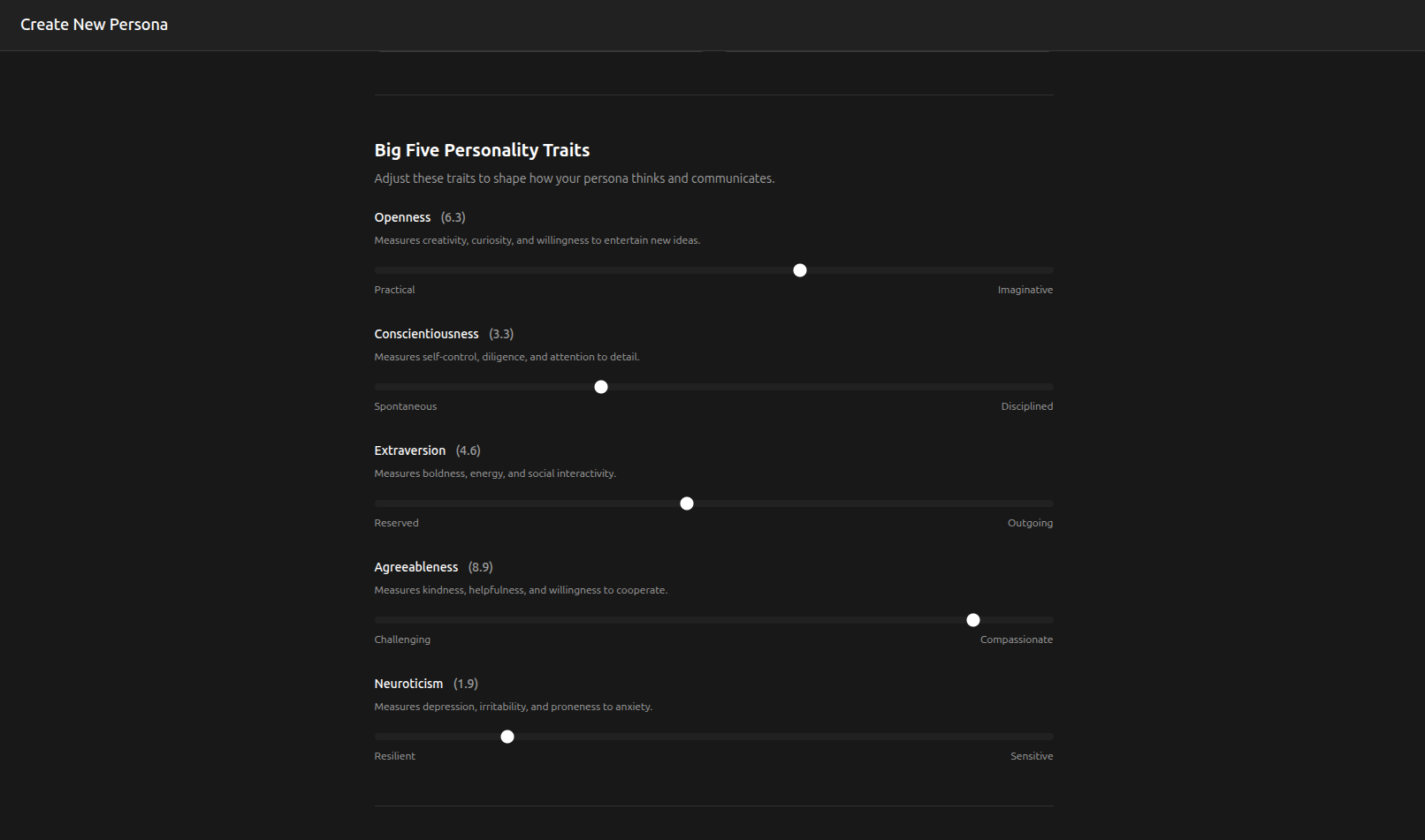 Persona creation form showing Big Five personality sliders and traits